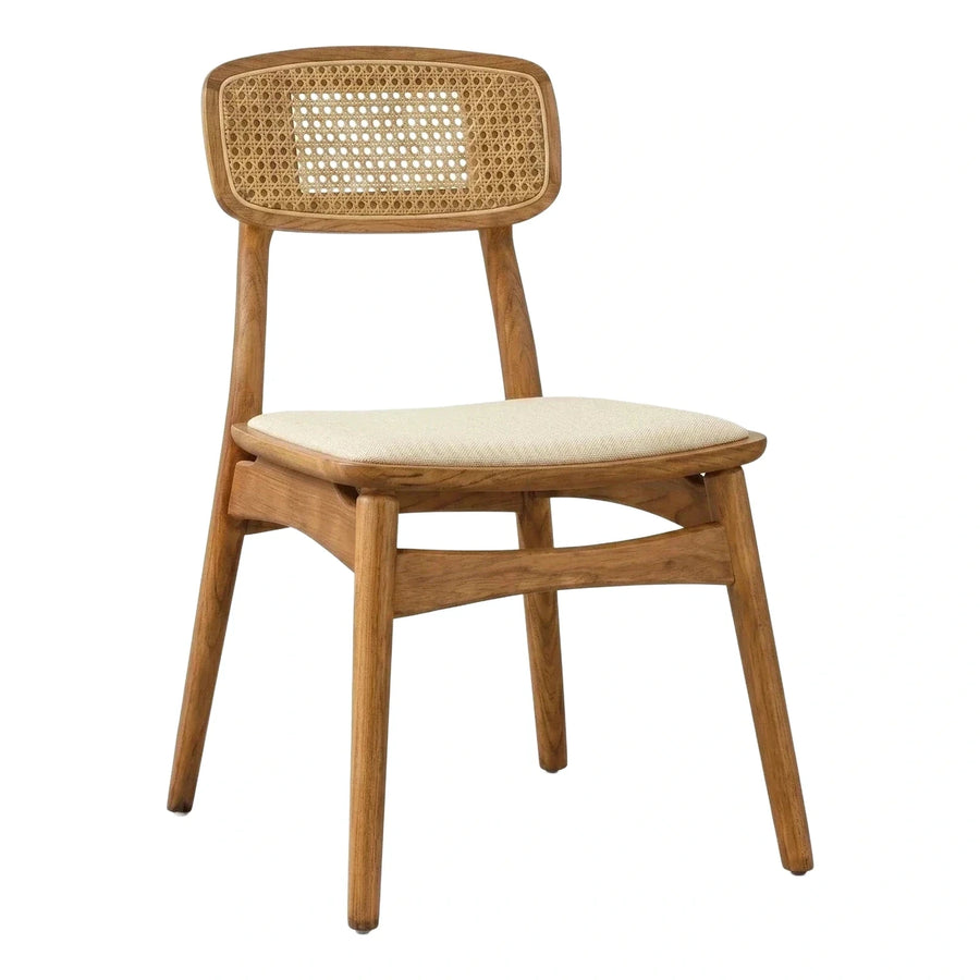 Wooden Dining Chair with Cane Backrest and Cushioned Seat