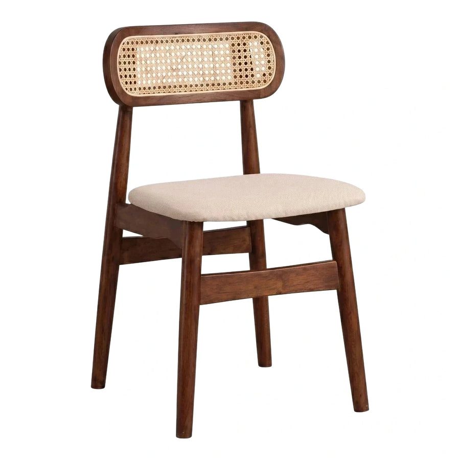 Dark Wood Dining Chair with Cane Back and Beige Seat