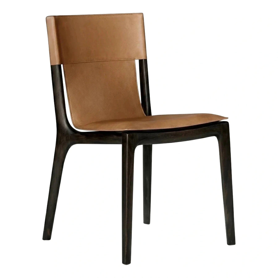 Modern Tan Leather Dining Chair with Dark Wood Frame