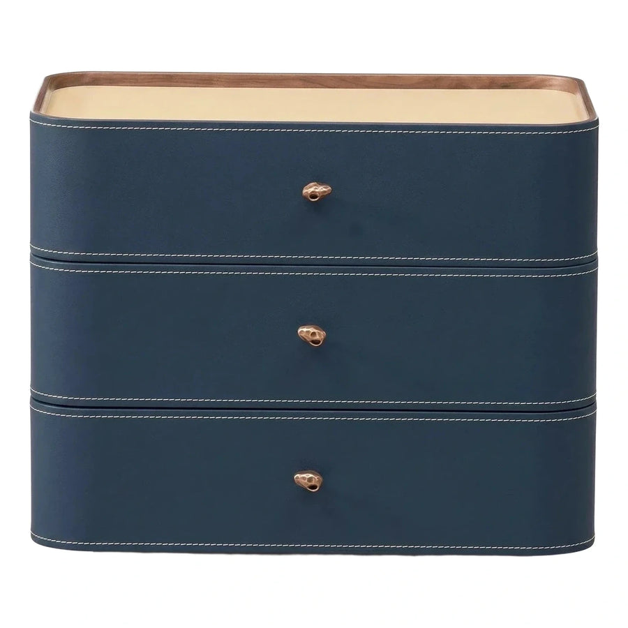 Navy Blue Leather Three Drawer Chest with Wood Top