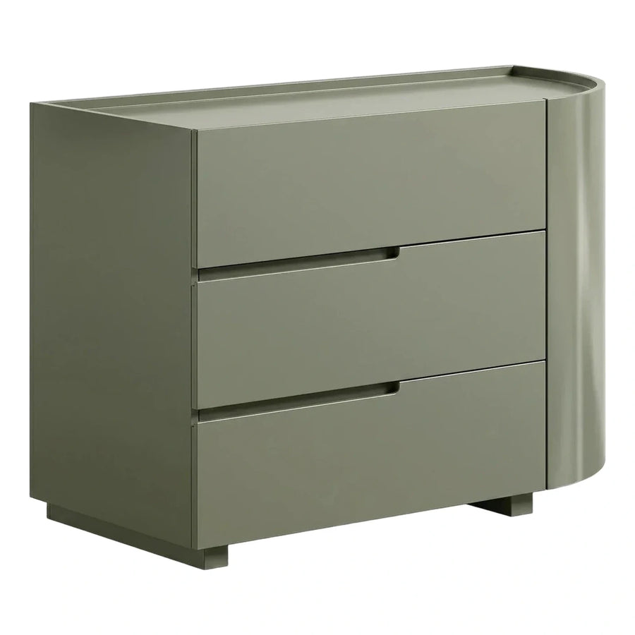 Modern Sage Green Three Drawer Chest Curved Side