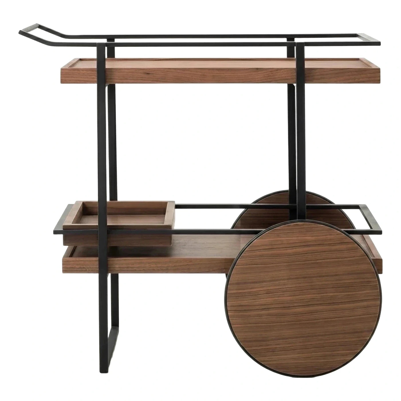 Modern Wood and Black Metal Rolling Serving Cart