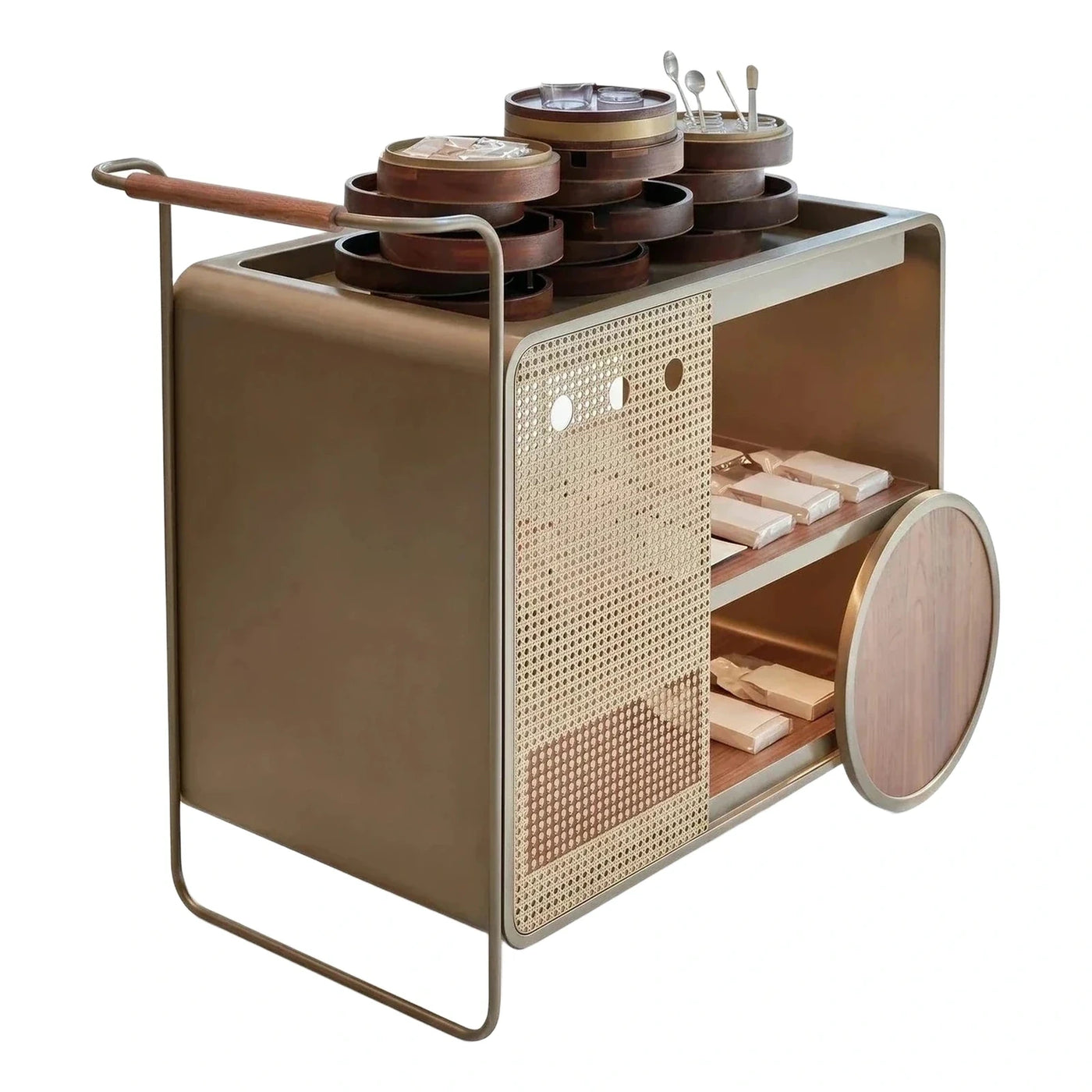 Modern Metal Serving Cart with Rattan and Wood