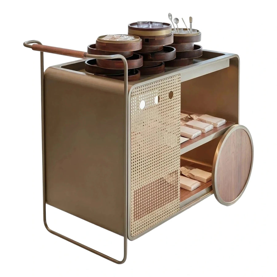 Modern Metal Serving Cart with Rattan and Wood