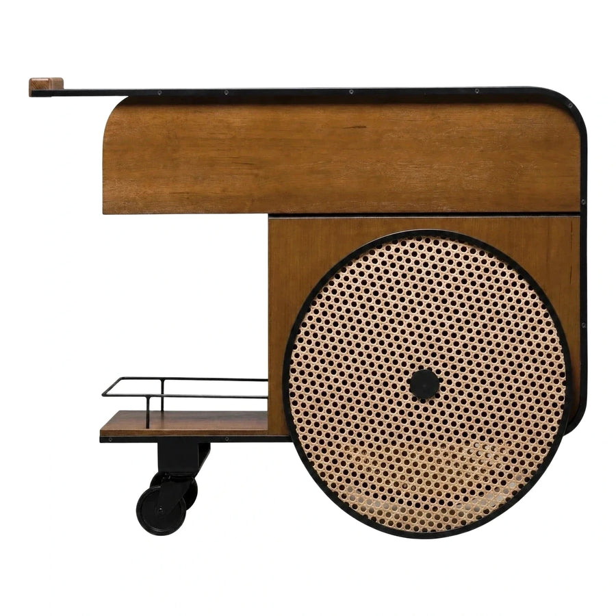 Modern Wood and Cane Rolling Storage Cart