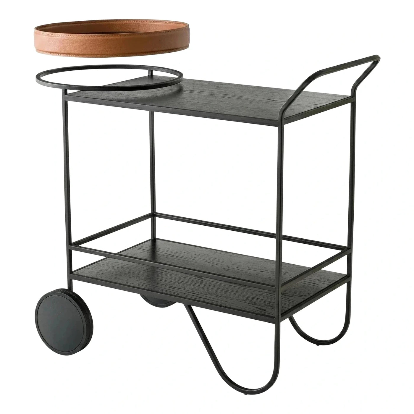 Black Metal Rolling Cart with Leather Tray