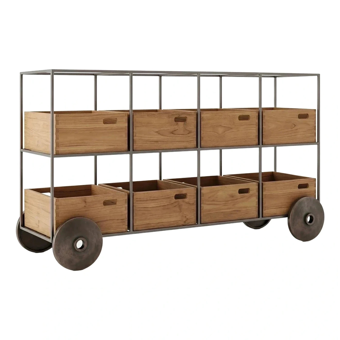 Industrial Metal Frame Wood Crate Storage Cart