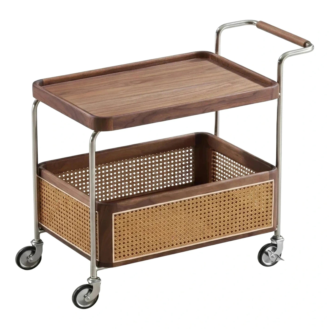 Two-Tier Rolling Cart with Wood Tray and Rattan Basket