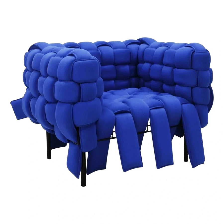 Blue Woven Fabric Loveseat with Hanging Strap Details