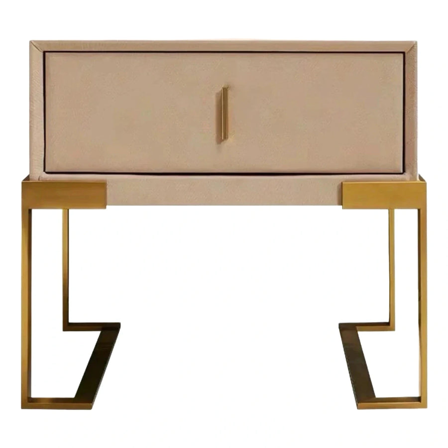 Modern Beige Textured Nightstand with Gold Metal Base