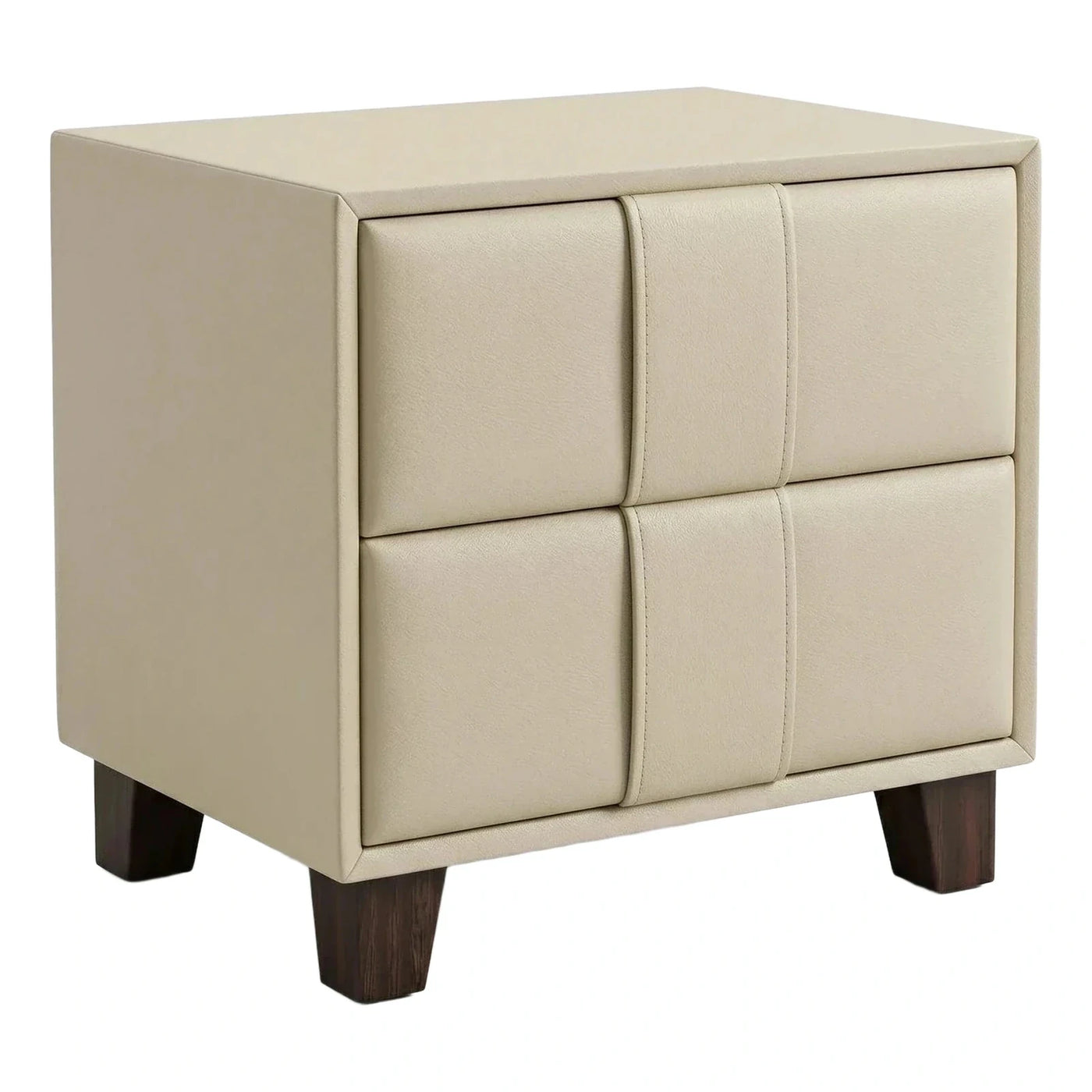 Modern Cream Leather Nightstand with Dark Wood Legs