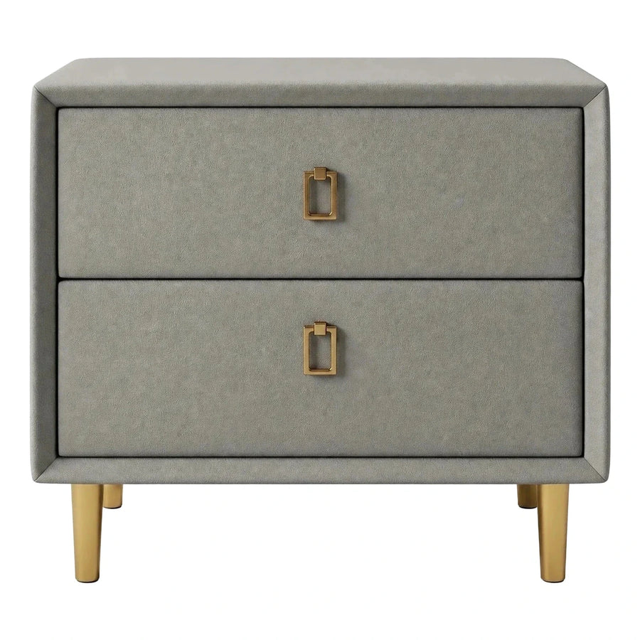 Modern Grey Upholstered Two Drawer Nightstand Gold Legs