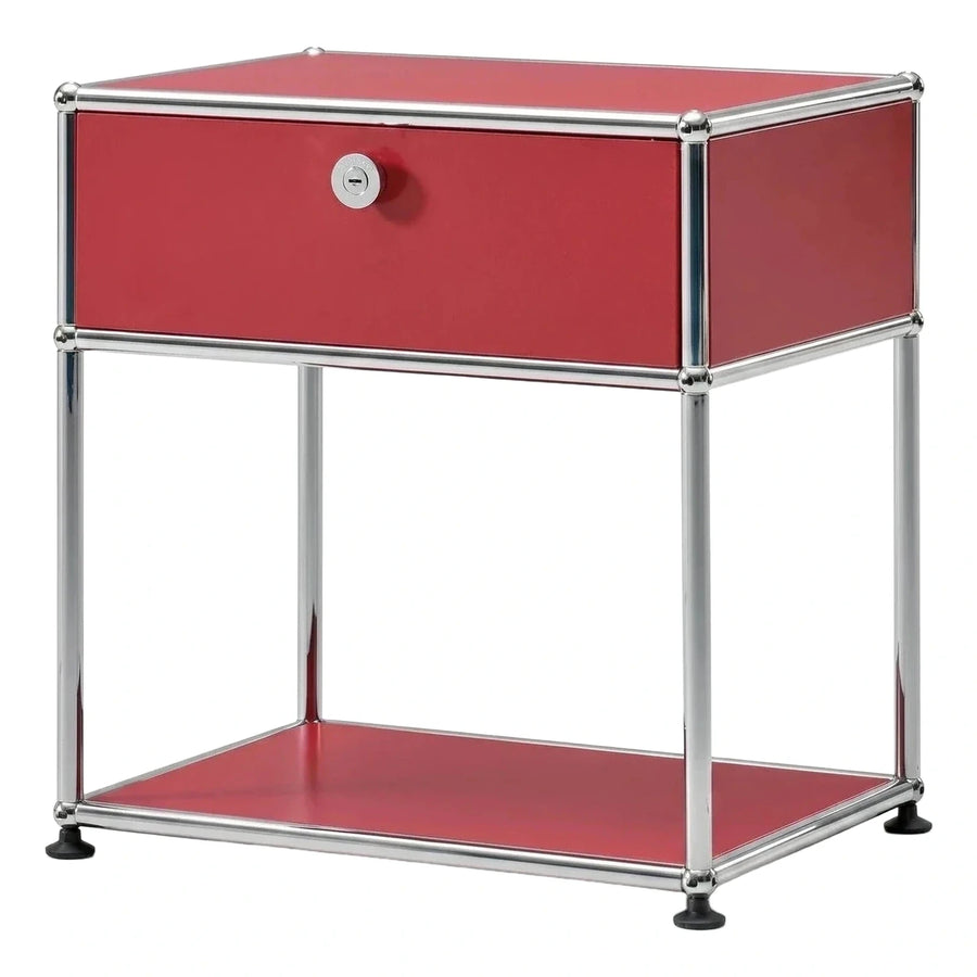 Modern Red Metal Nightstand with Chrome Frame
