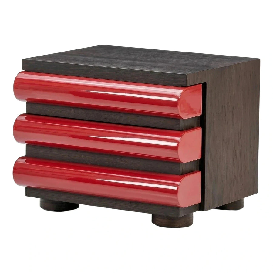Modern Red Glossy Three Drawer Nightstand Dark Wood