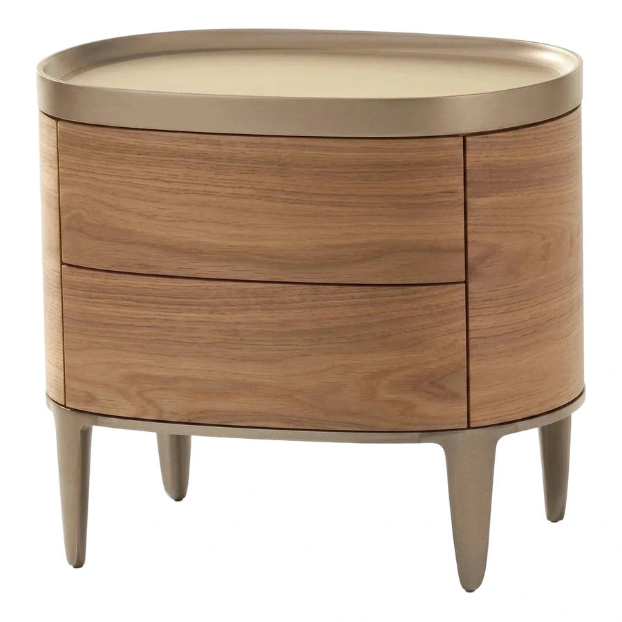 Modern Oval Wood Nightstand with Metal Rim