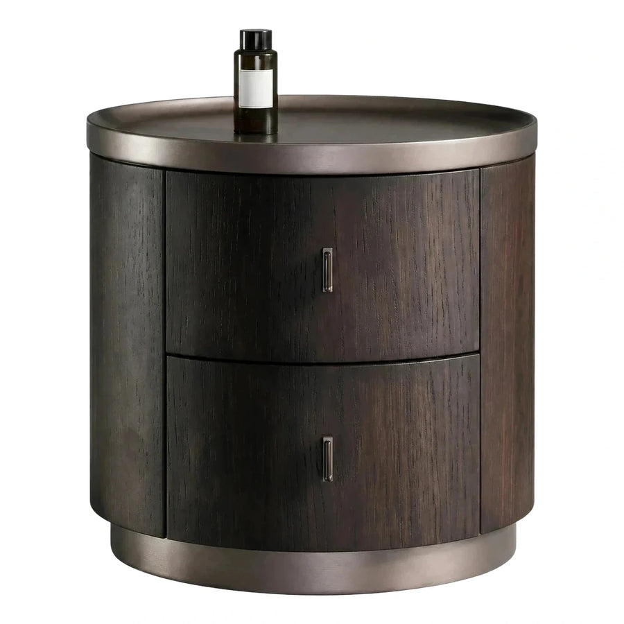 Cylindrical Dark Wood Nightstand with Metal Rim