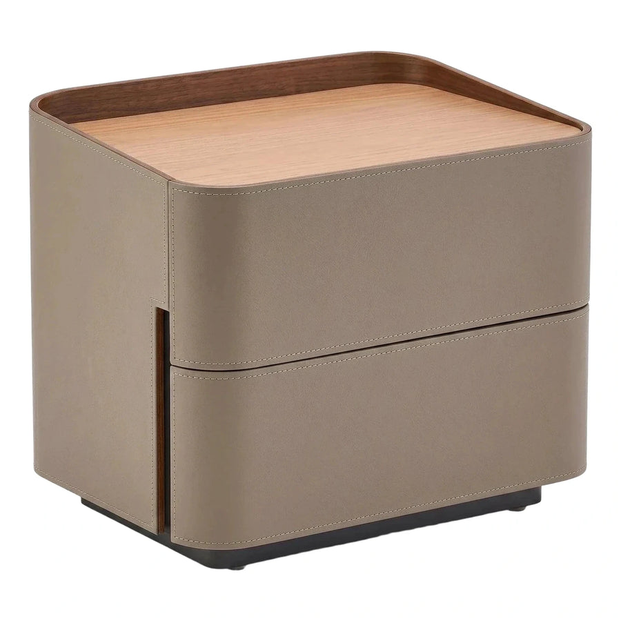 Modern Beige Leather Nightstand With Wood Top