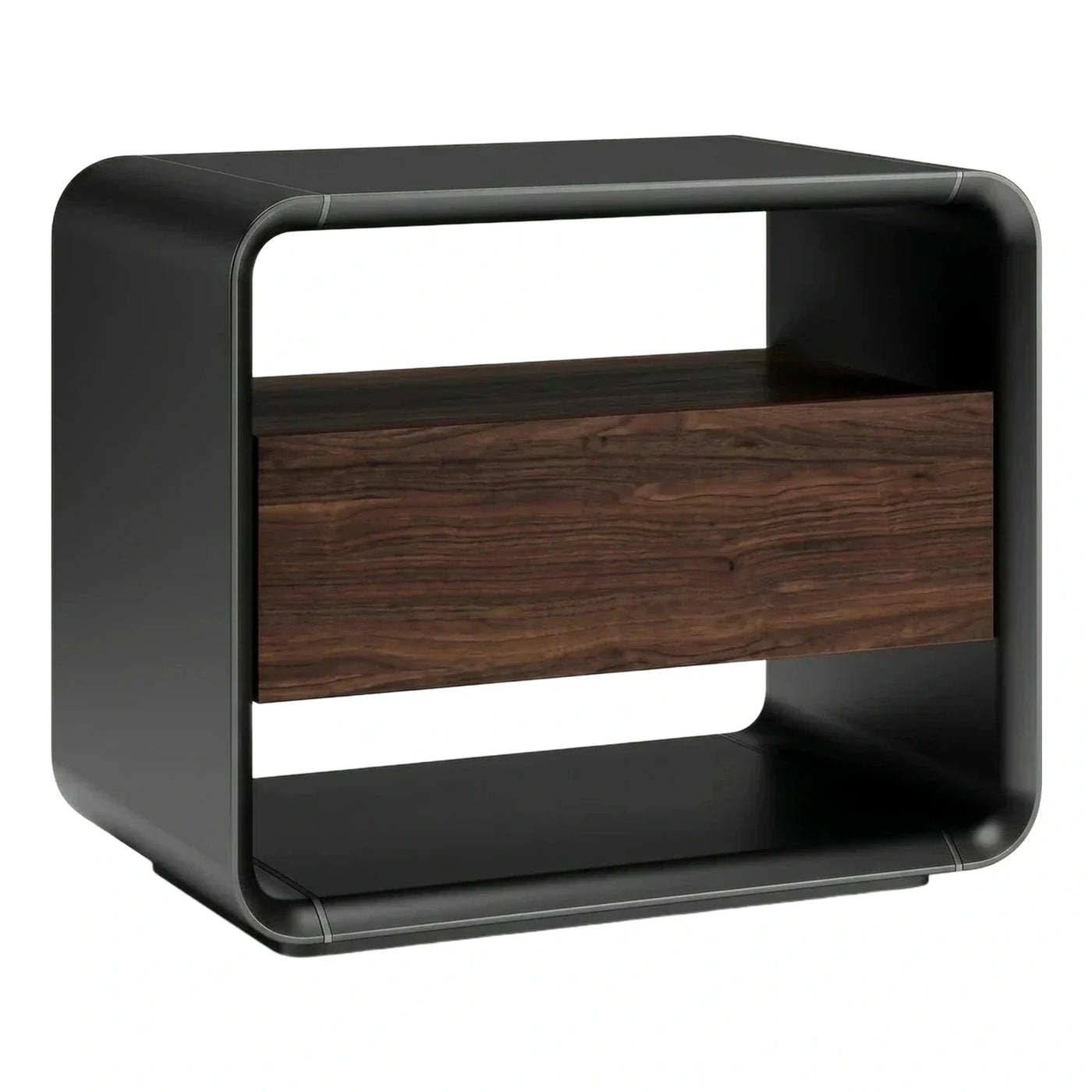 Modern Black Nightstand with Dark Wood Drawer