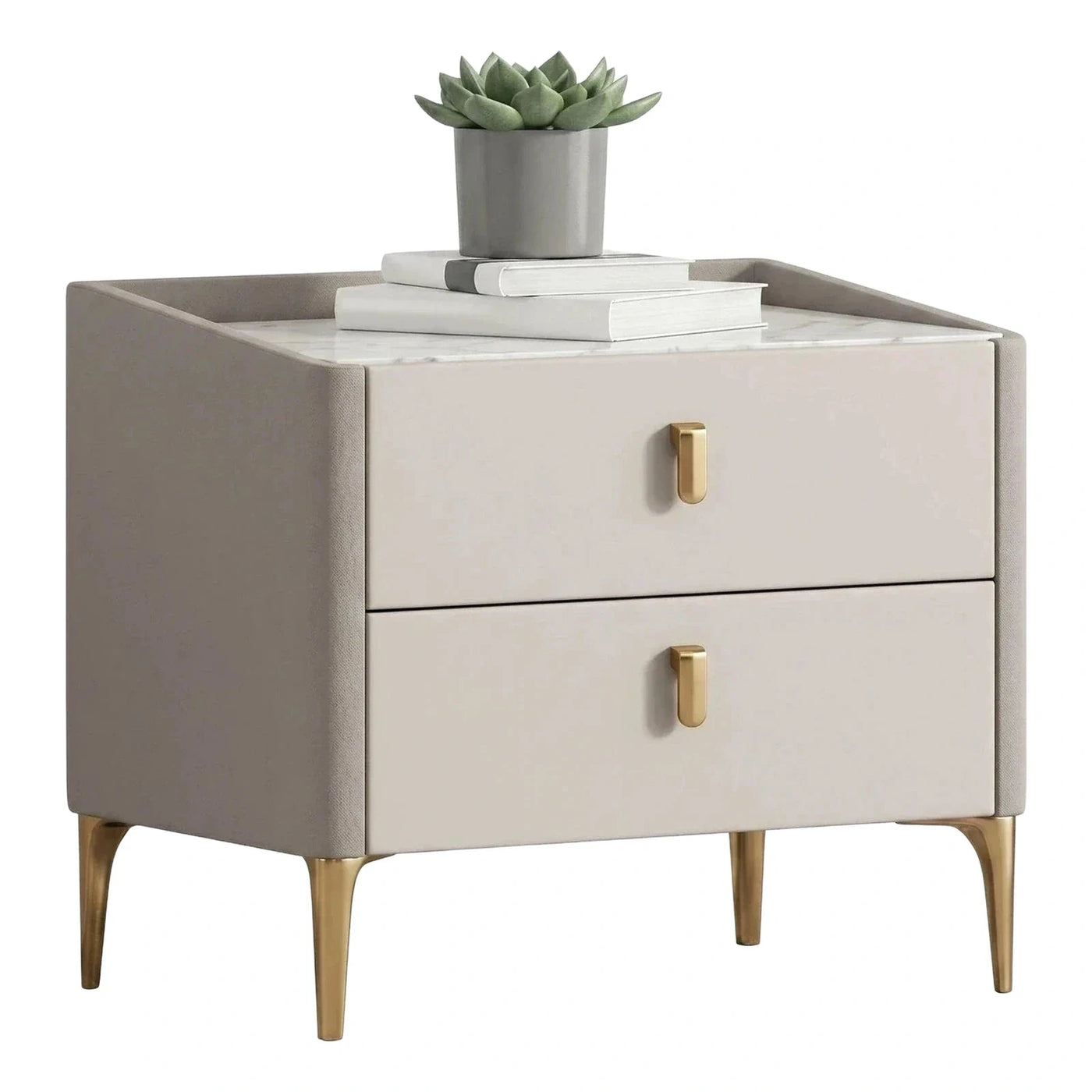 Modern Cream Nightstand with Marble Top and Gold Legs