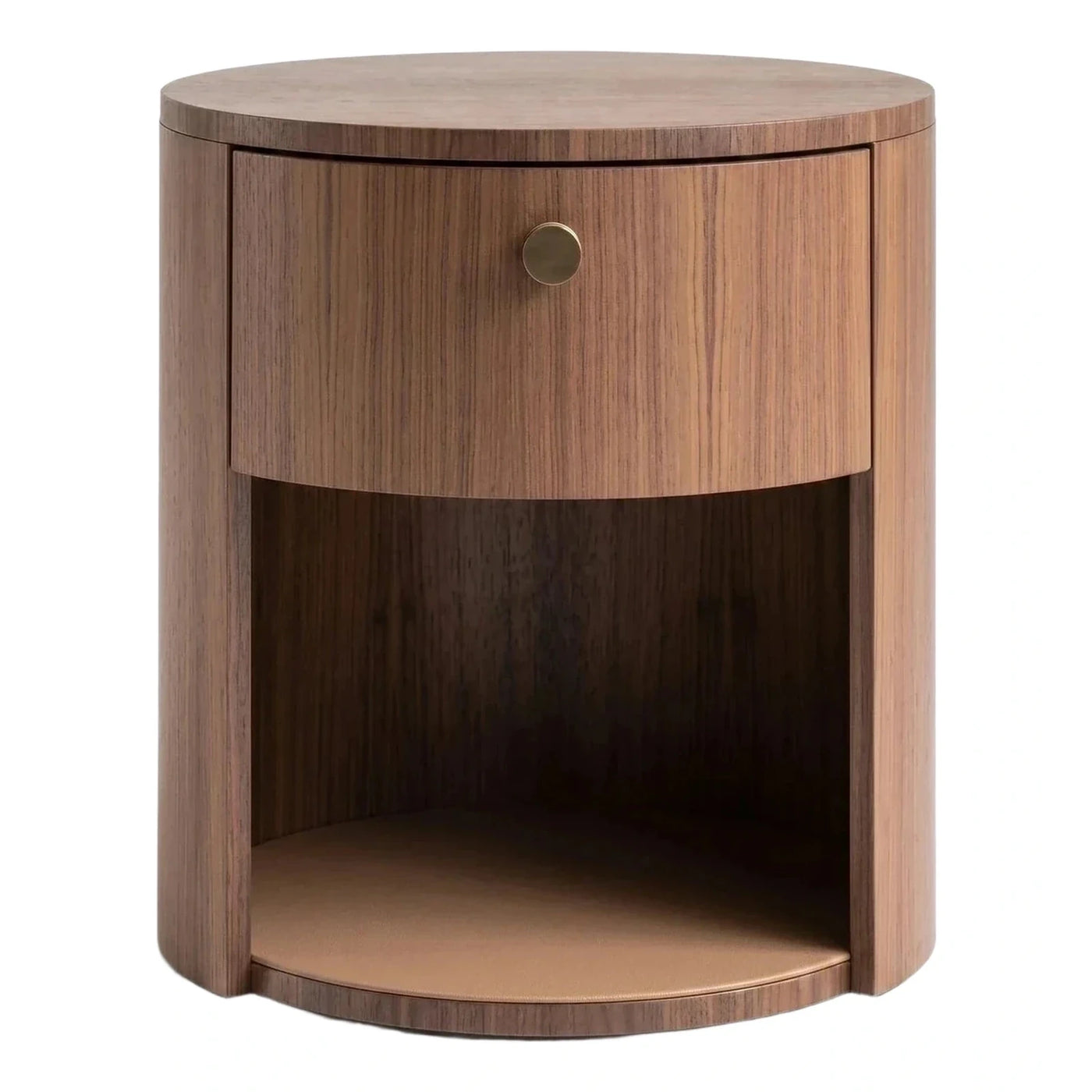 Round Wooden Nightstand with Drawer and Leather Shelf