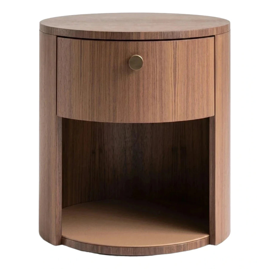 Round Wooden Nightstand with Drawer and Leather Shelf