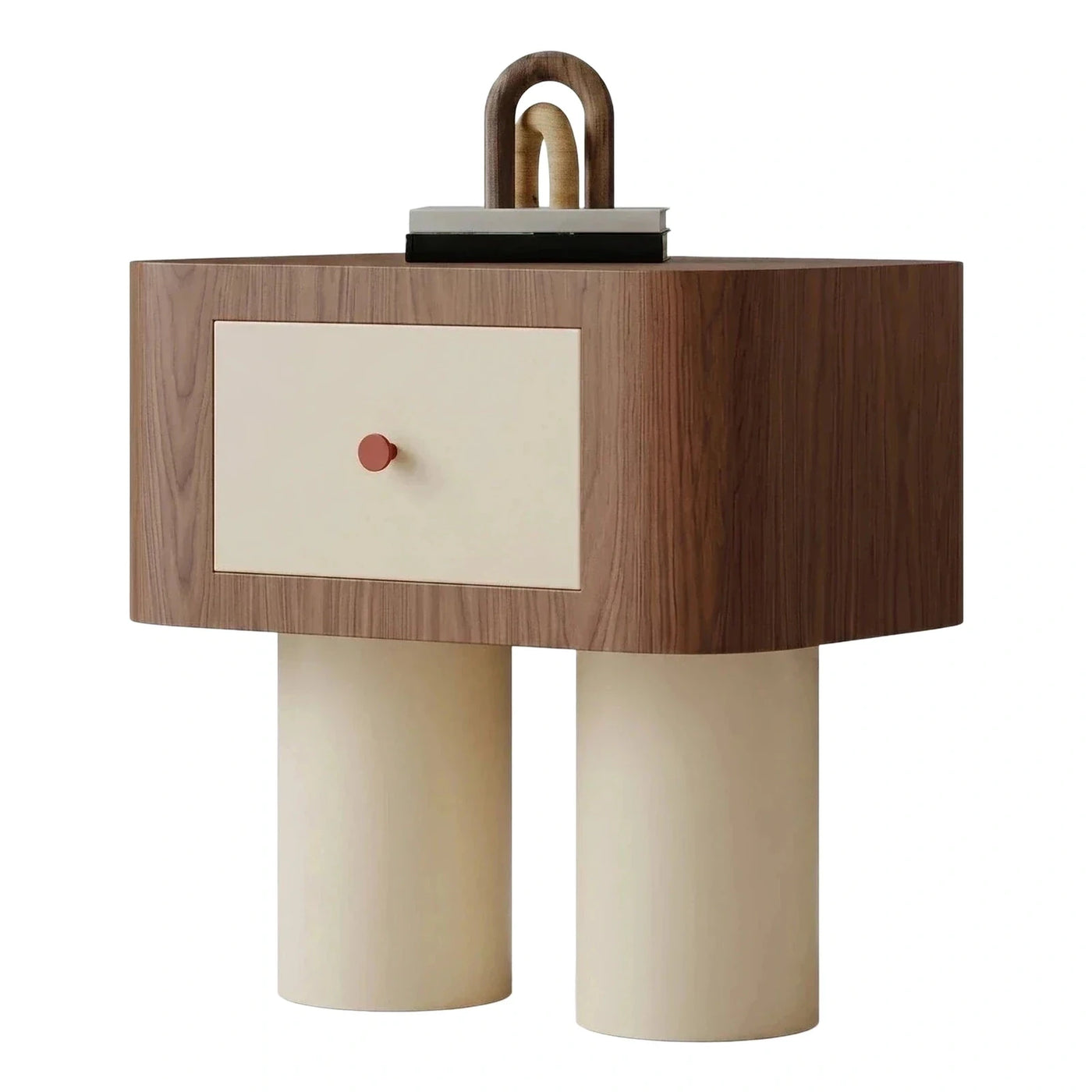 Modern Wood Nightstand with Cream Drawer and Cylindrical Legs