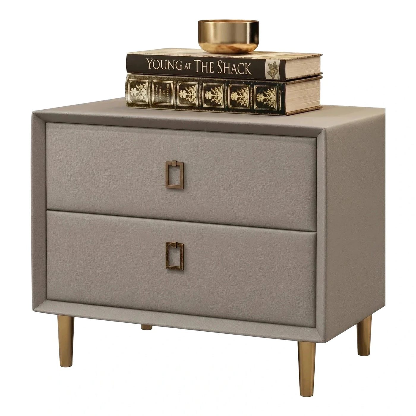 Grey Leather Two Drawer Nightstand with Gold Legs
