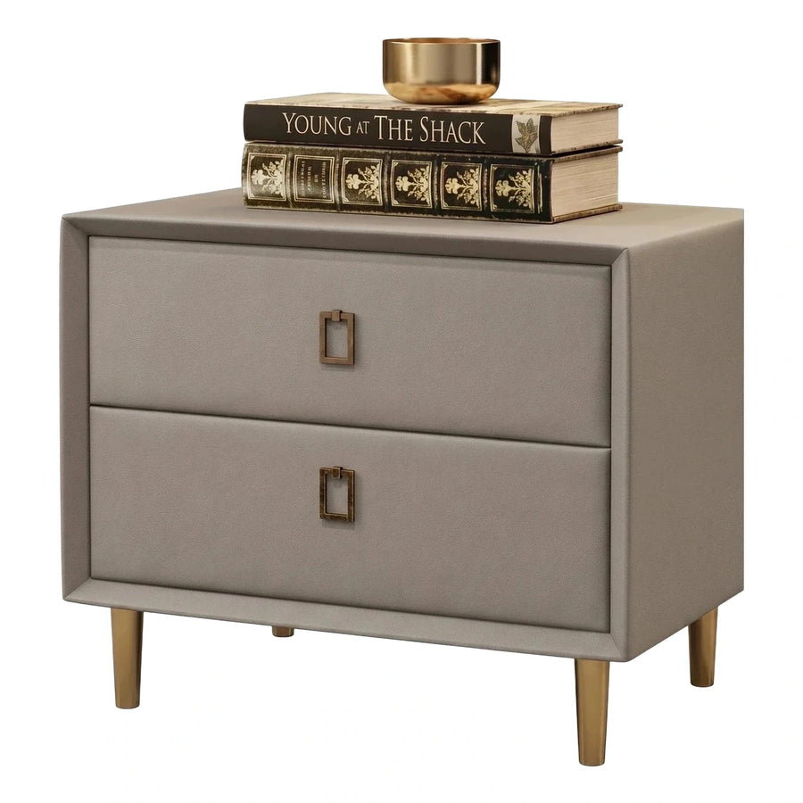 Grey Leather Two Drawer Nightstand with Gold Legs