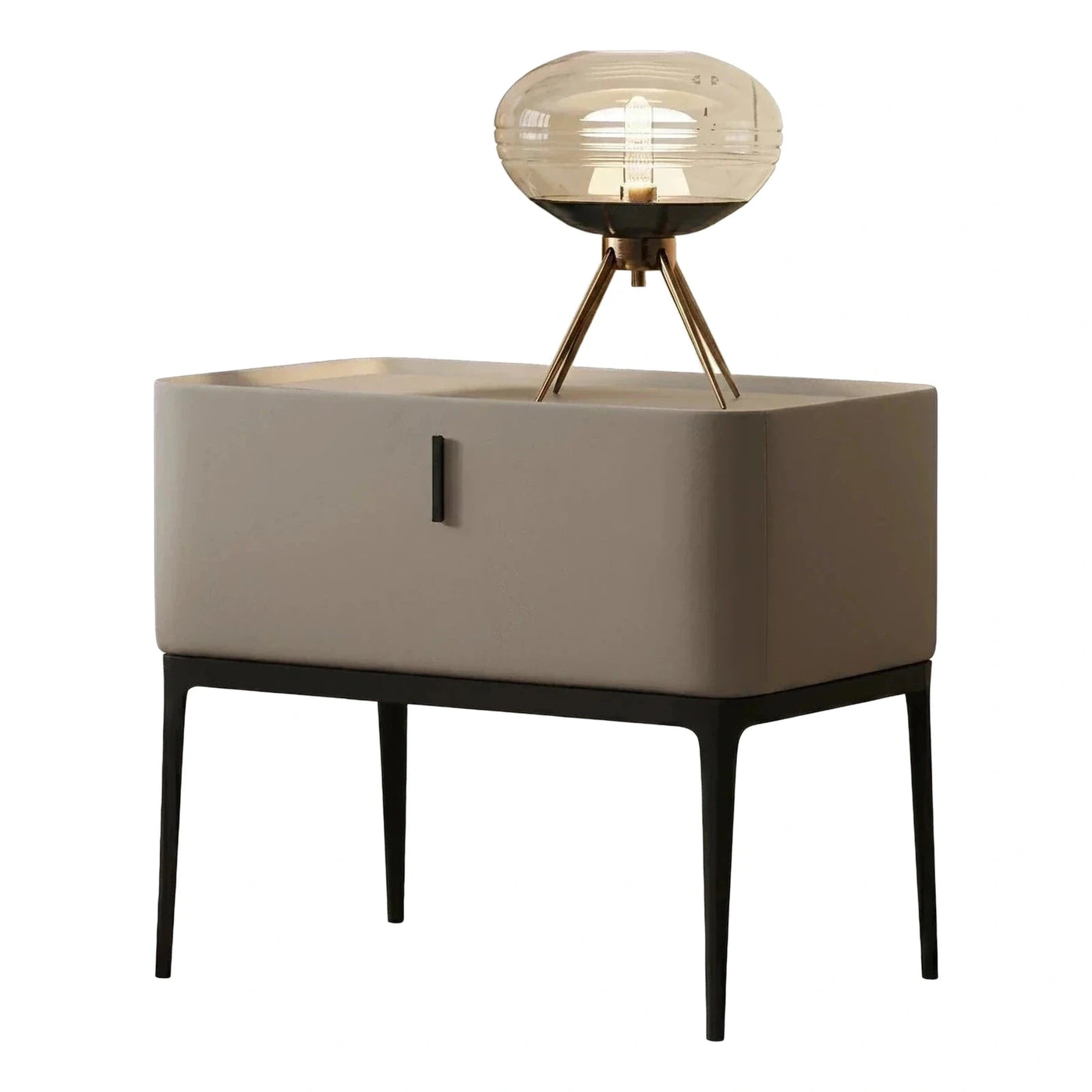 Modern Beige Leather Nightstand with Black Metal Legs