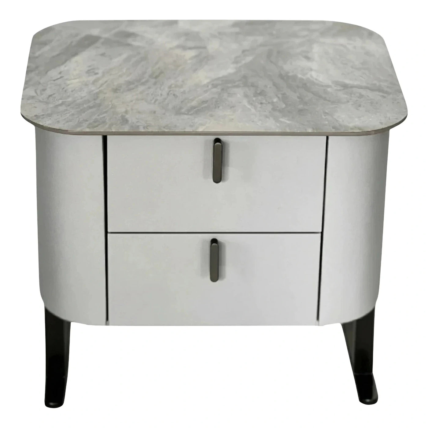 Modern White Two-Drawer Nightstand with Grey Marble Top