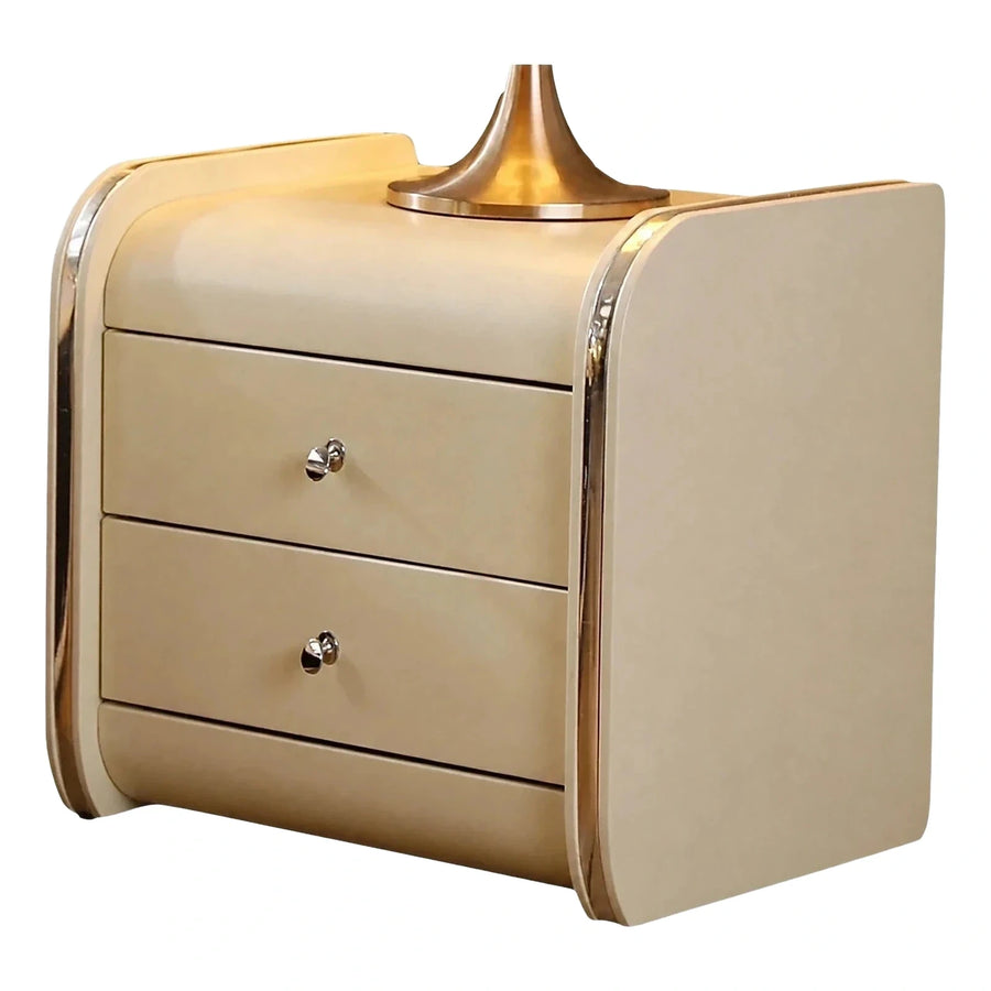 Cream Two-Drawer Nightstand with Chrome Trim