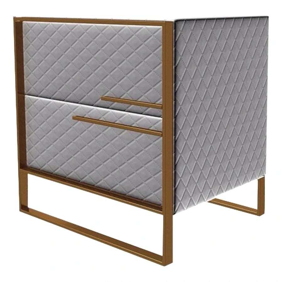 Grey Quilted Two-Drawer Nightstand With Gold Metal Frame