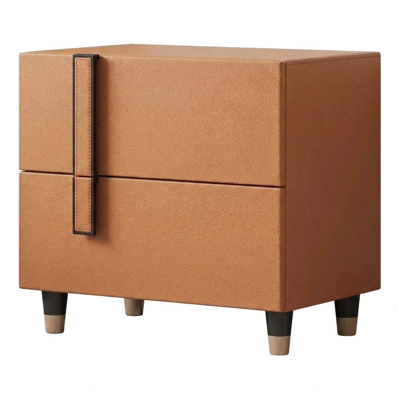 Tan Leather Two-Drawer Nightstand with Strap Handles