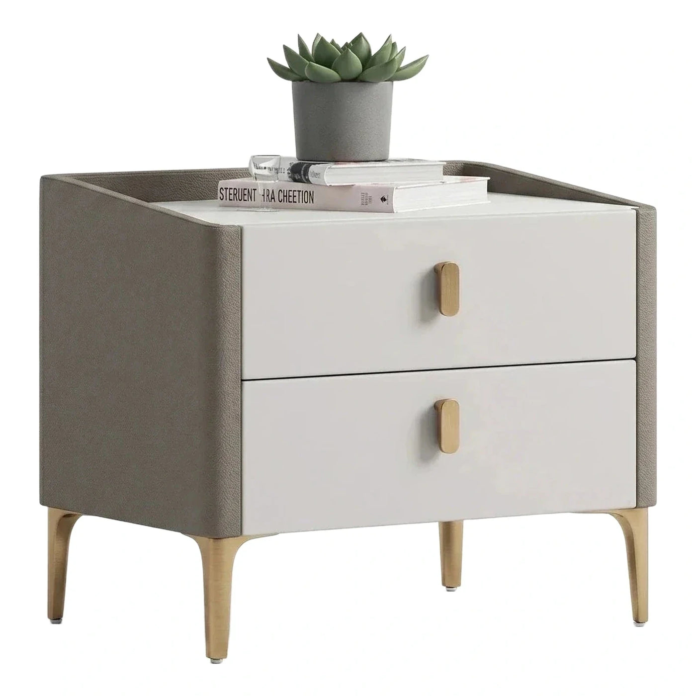 Modern Grey Leather Nightstand with Gold Legs
