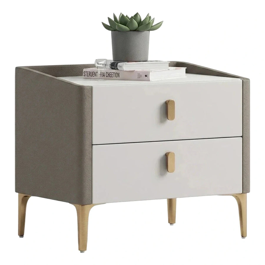 Modern Grey Leather Nightstand with Gold Legs