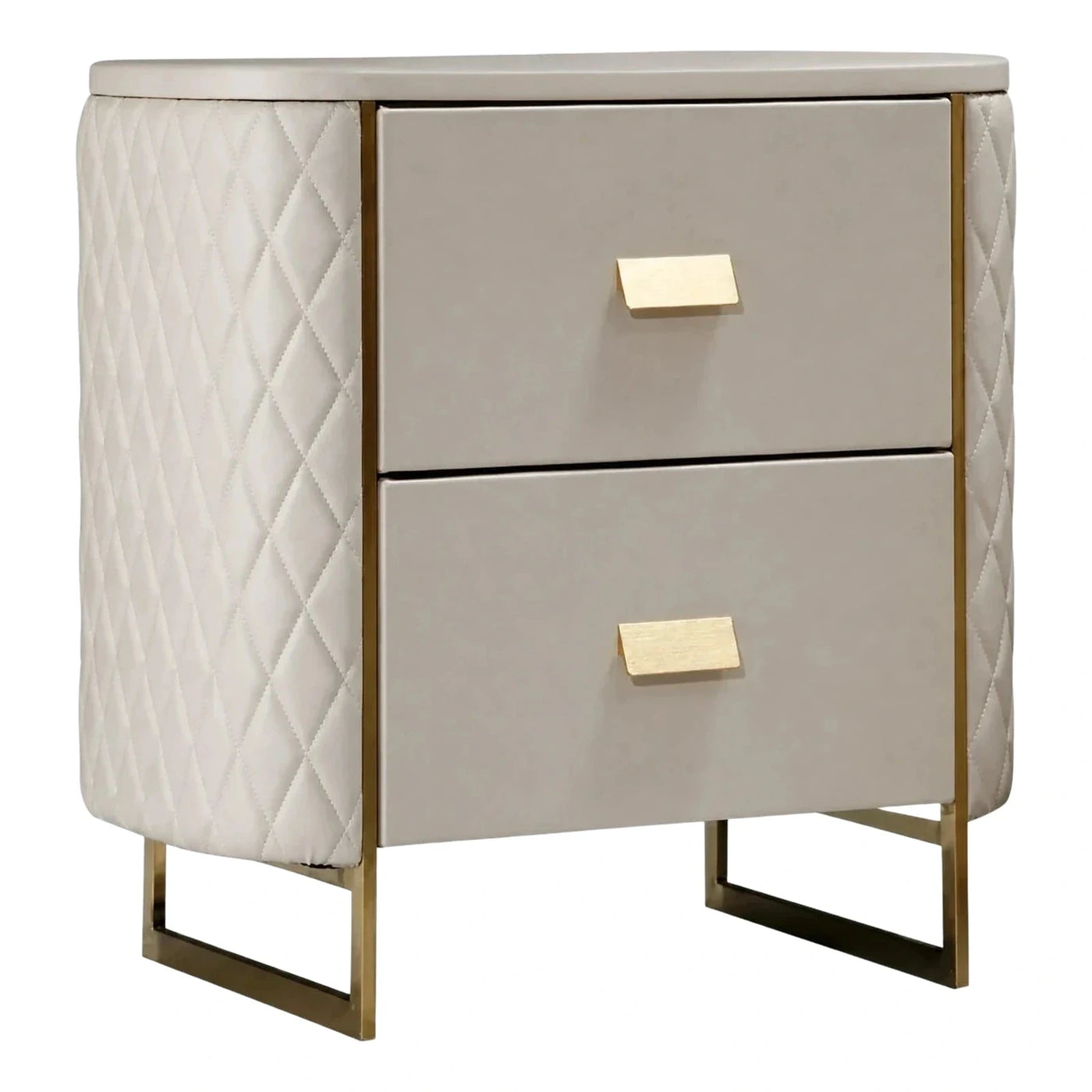 Modern Beige Quilted Nightstand with Gold Metal Legs