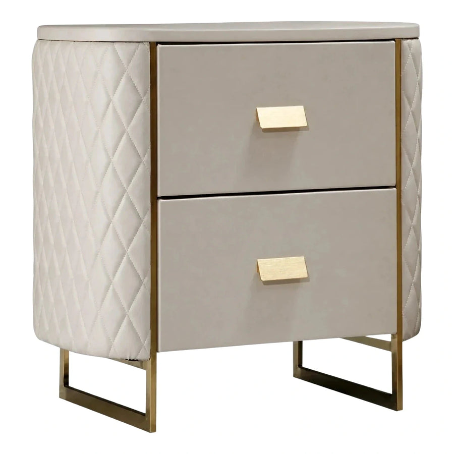 Modern Beige Quilted Nightstand with Gold Metal Legs