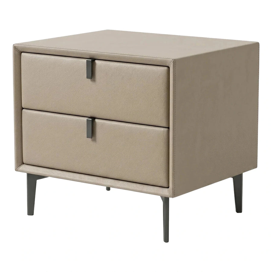 Modern Beige Leather Nightstand with Two Drawers