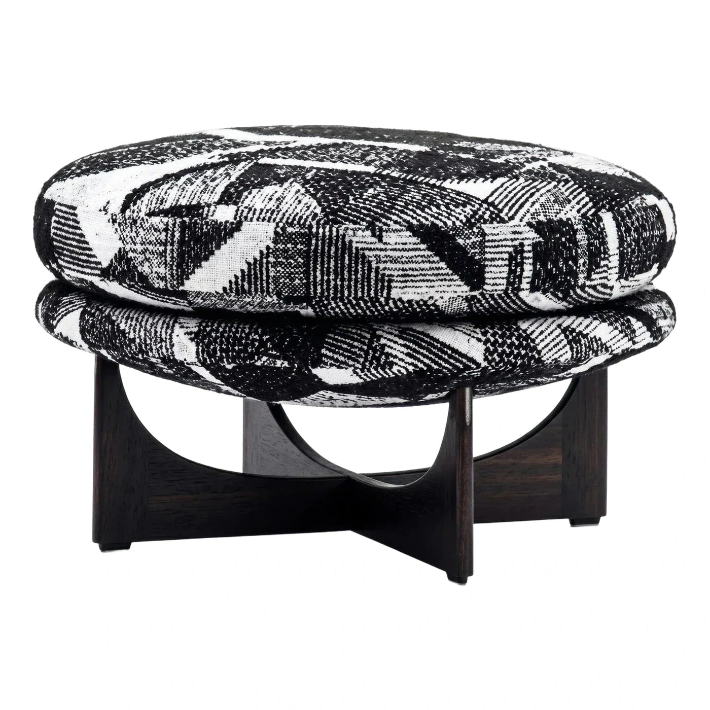 Round Black and White Geometric Ottoman with Dark Wood Base