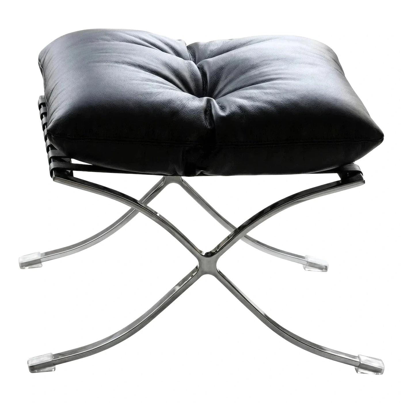Black Leather Tufted Ottoman with Chrome X-Base