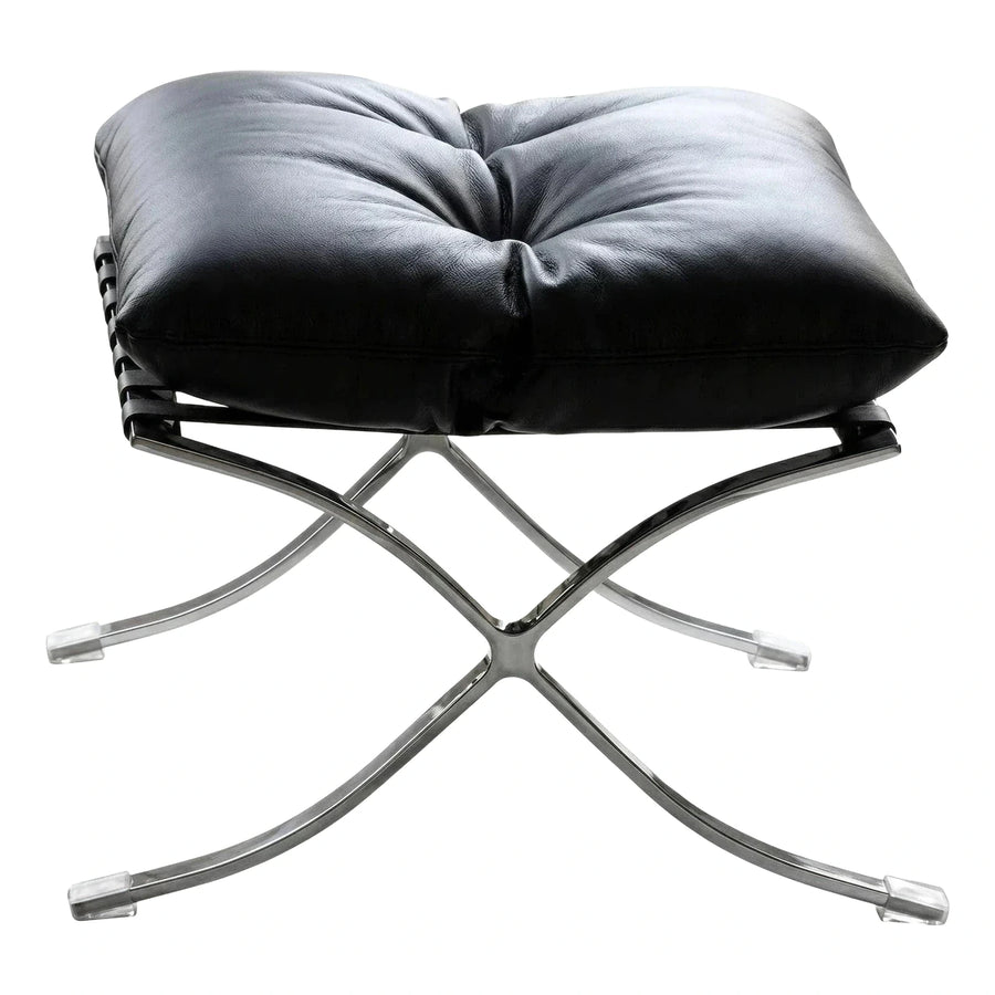 Black Leather Tufted Ottoman with Chrome X-Base