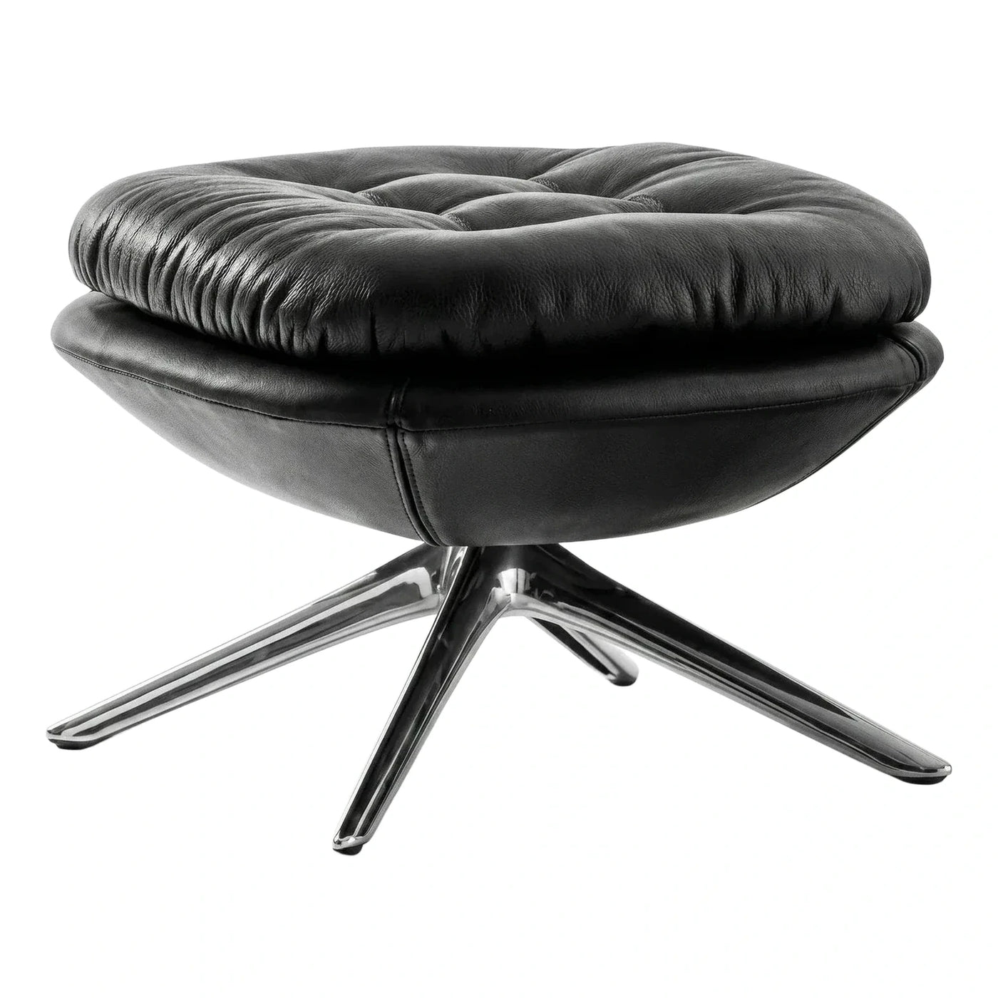 Black Leather Tufted Ottoman with Chrome Swivel Base