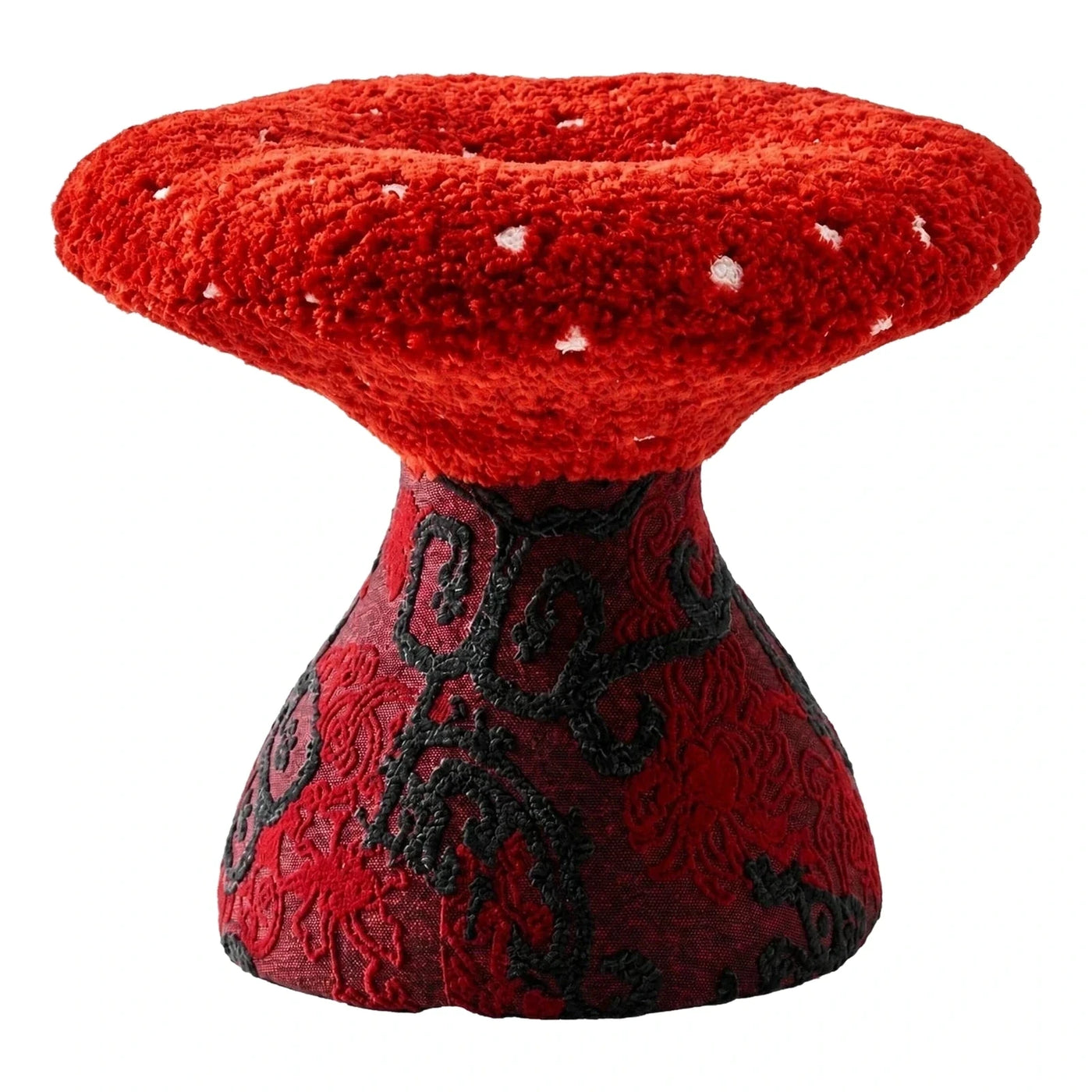 Red Boucle Mushroom Ottoman with Embroidered Base