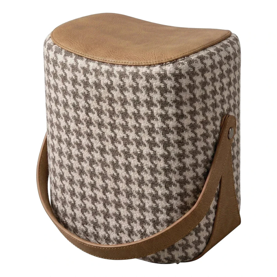 Houndstooth Fabric Stool with Brown Leather Top