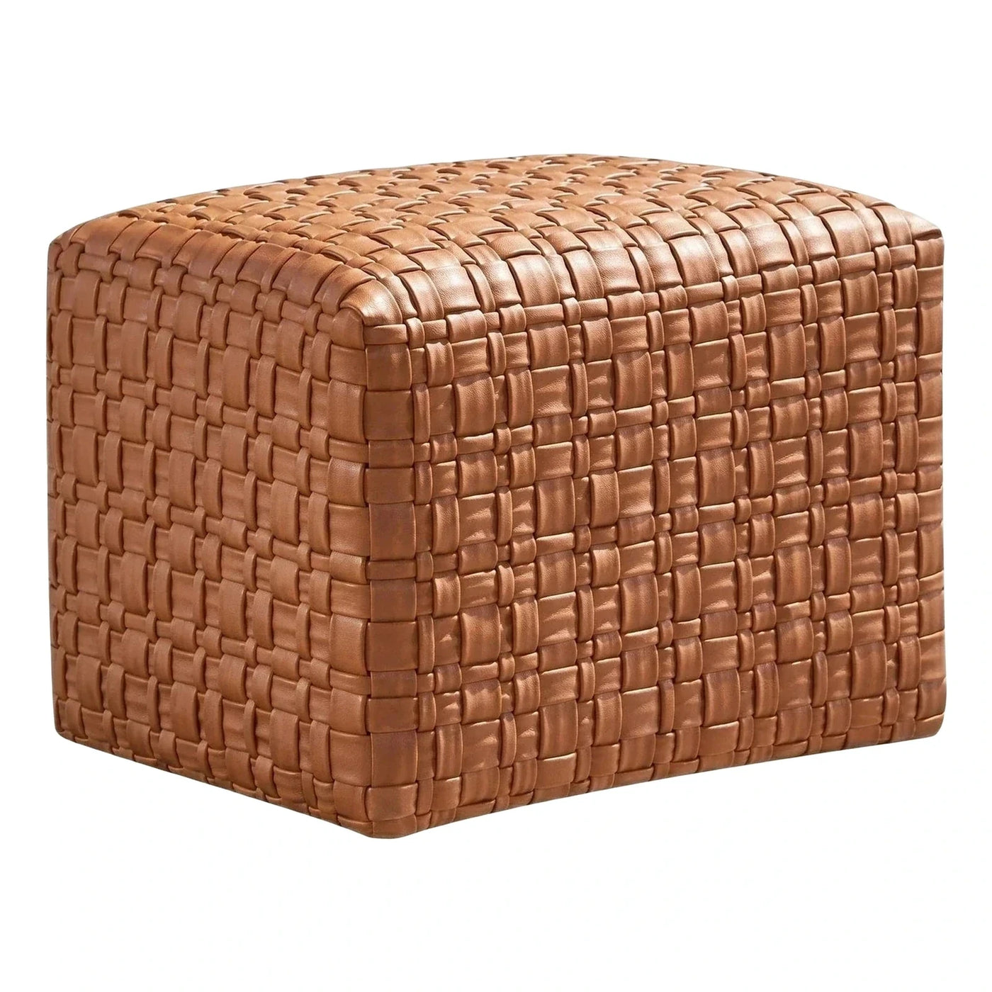 Rectangular Woven Leather Ottoman in Tan Brown