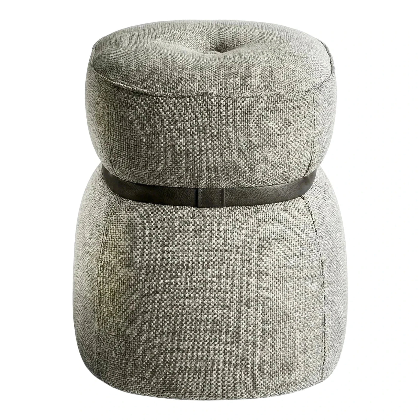 Grey Textured Fabric Hourglass Ottoman with Leather Band