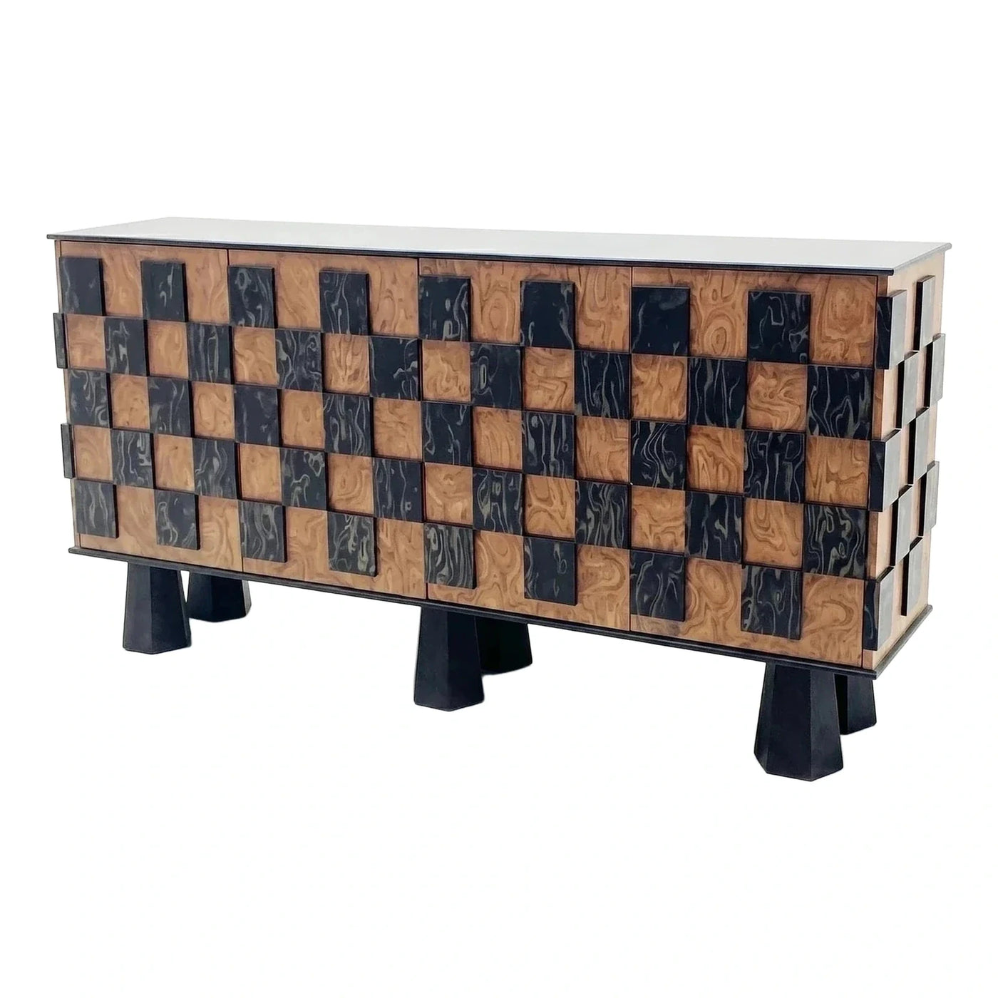 Modern Checkered Burl Wood Sideboard Cabinet