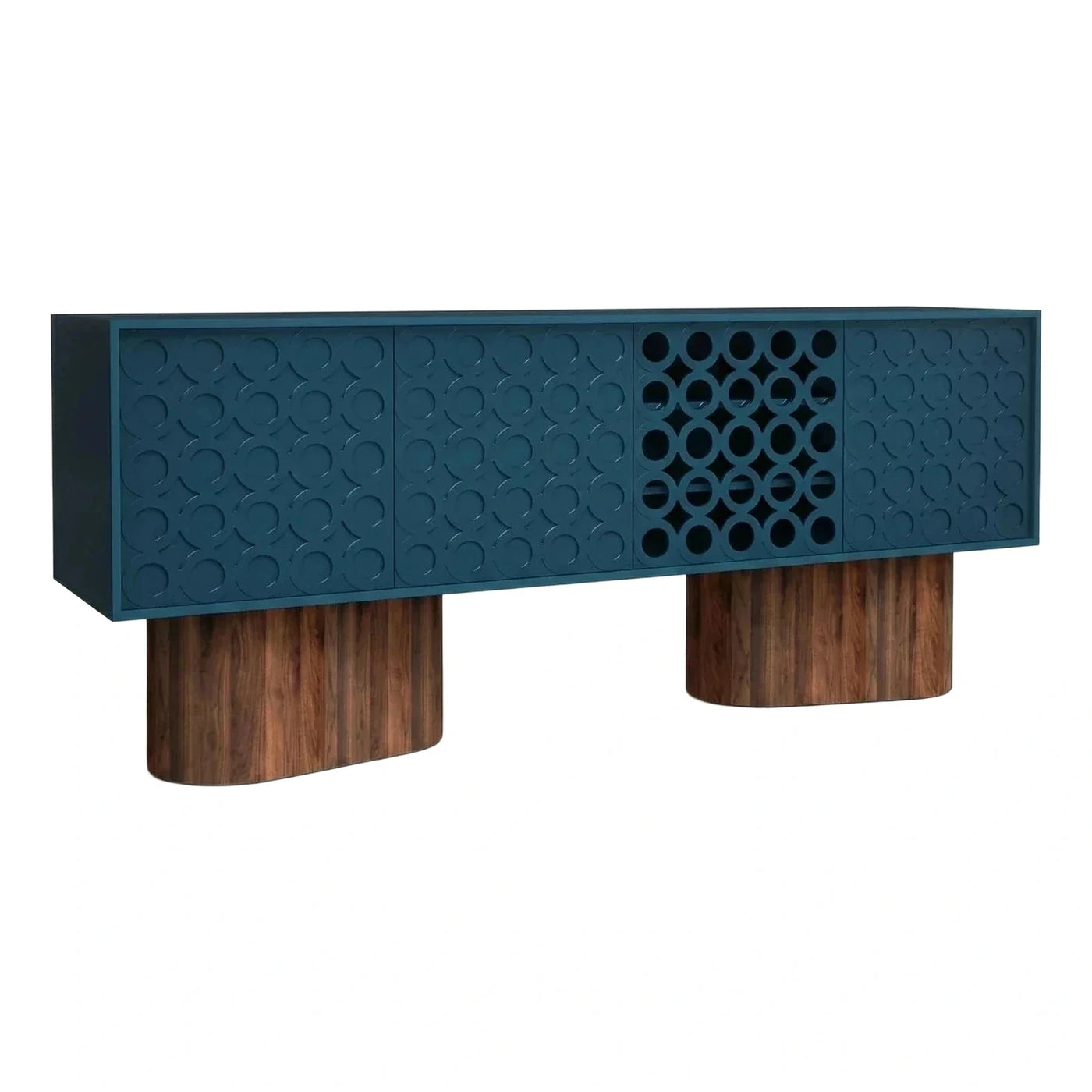 Blue Geometric Sideboard with Wooden Cylinder Base