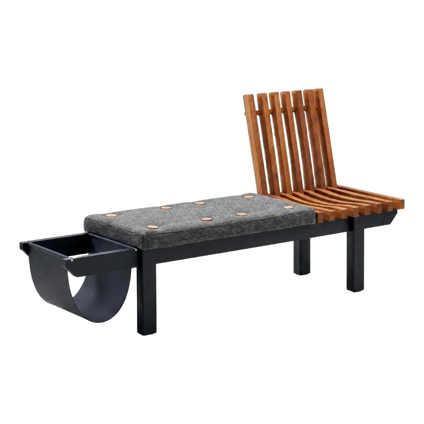 Modern Wood Slat Bench with Storage and Grey Cushion