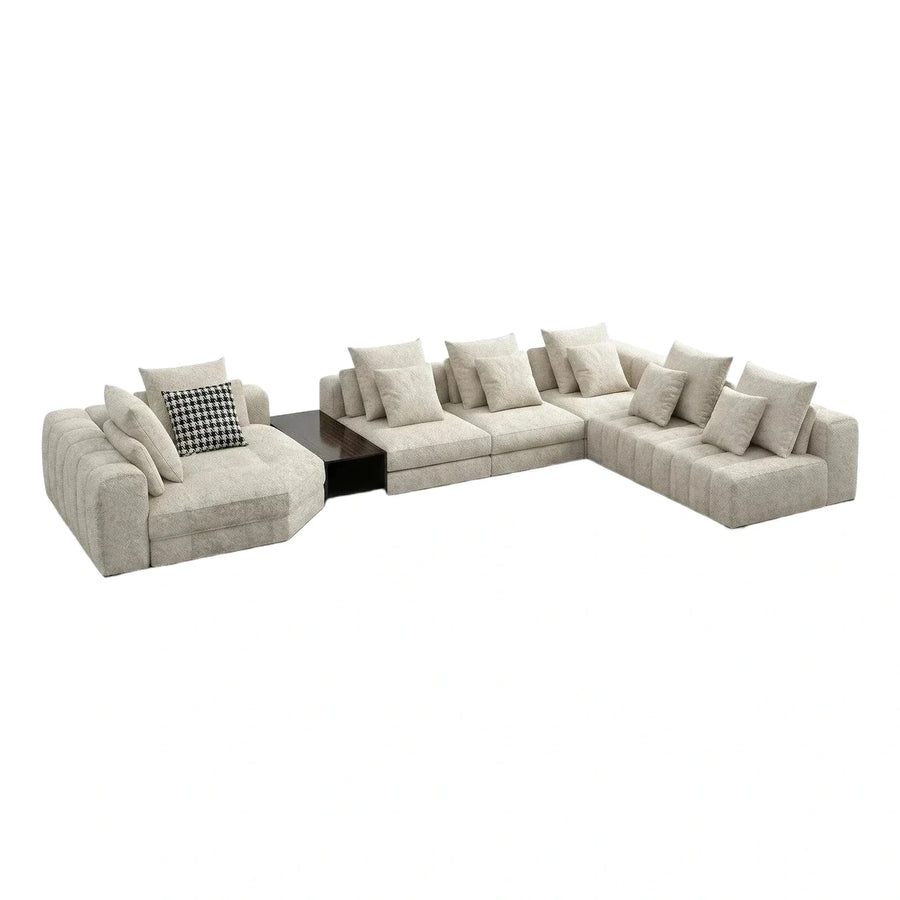 Cream Modular Sectional Sofa with Dark Wood Table